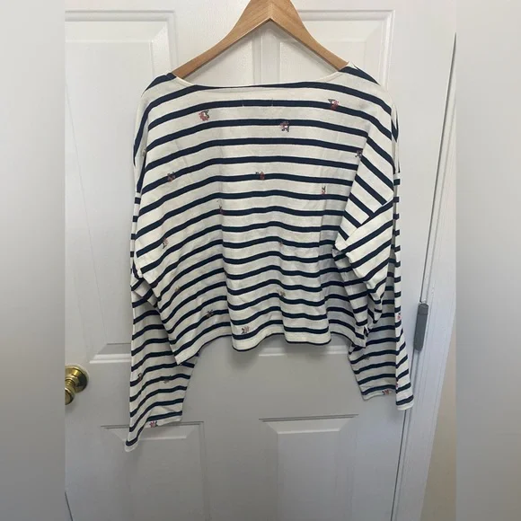 Madewell NWT Floral Embroidered Long Sleeve Crop Top Size XL Nautical Striped - Picture 7 of 9